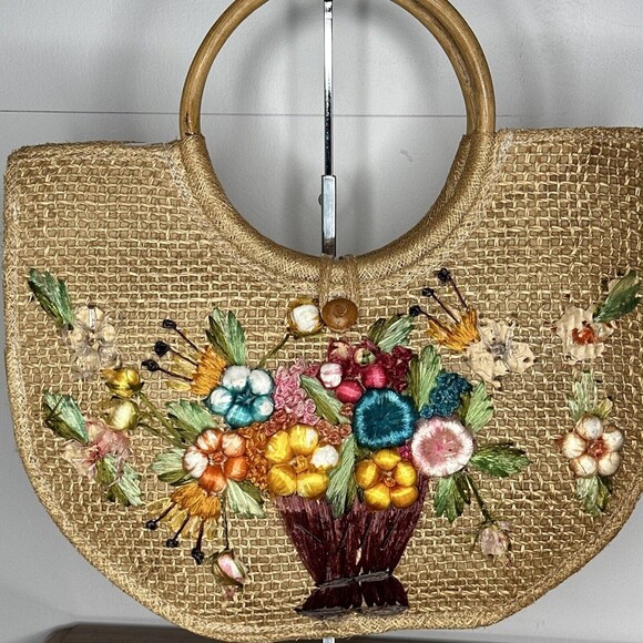 Womens Hand Bag Tote Weaved Jute Floral Vase Design Wooden Handles Summer Beach - Picture 6 of 14